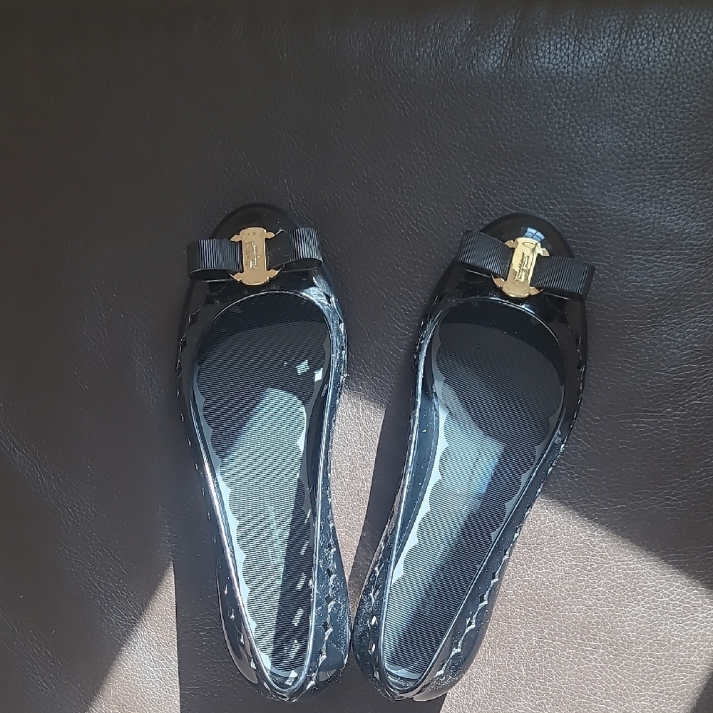 Salvatore Ferragamo Black and Gold Flats with Chic Accent, WORN TWICE